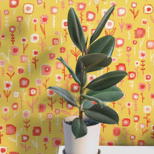 Papel Pintado Divertido patrón floral retro amarillo