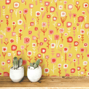 Papel Pintado Divertido patrón floral retro amarillo