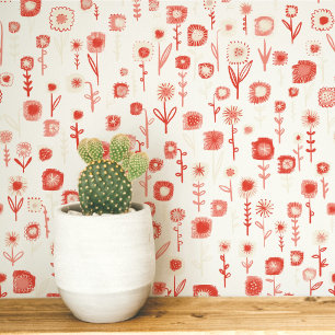 Papel Pintado Divertido patrón floral retro rosa y blanco