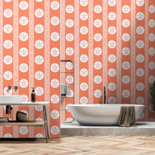 Papel Pintado Dólar de Arena Preppy Llave Griega Coral y Blanco