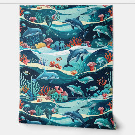 Papel Pintado Dolphin subacuático y palo de arrecife de coral
