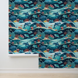 Papel Pintado Dolphin subacuático y palo de arrecife de coral