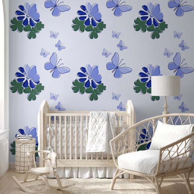 Papel Pintado Doodle azul púrpura verde florece mariposas acento (Niños)