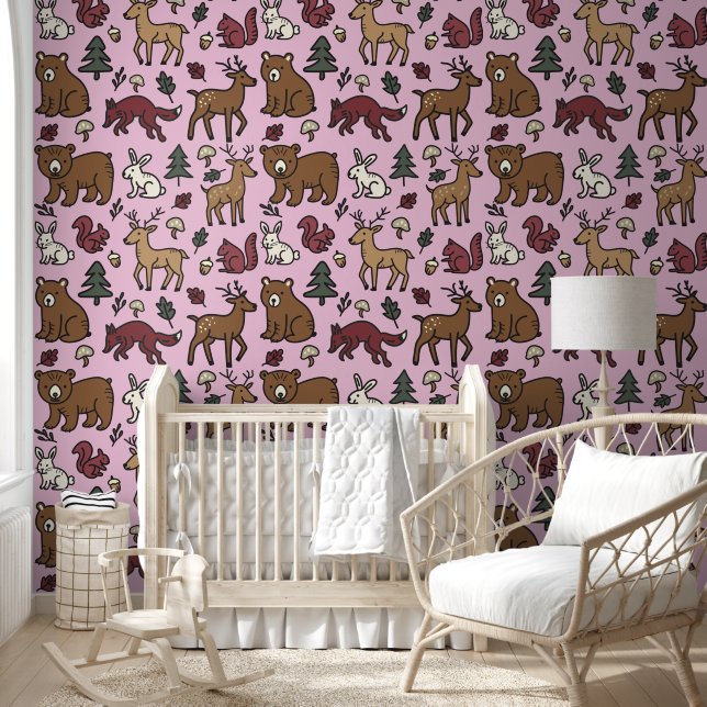 Papel Pintado Doodle de bosque de Woodle Animales rosa (Niños)