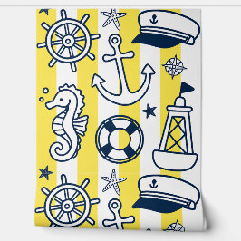 Papel Pintado Doodle Náuticos – Franja Costera Amarilla y Azul M
