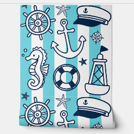 Papel Pintado Doodle Náuticos – Franja Costera Turquesa y Azul M