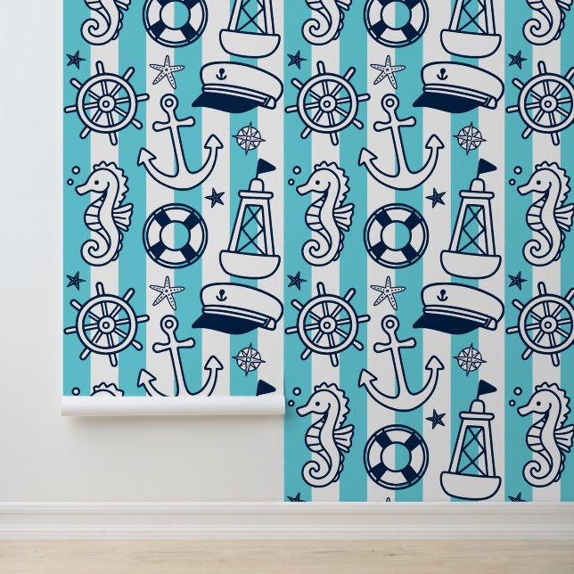 Papel Pintado Doodle Náuticos – Franja Costera Turquesa y Azul M (Solicitud)
