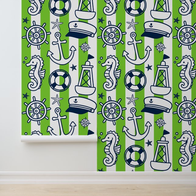 Papel Pintado Doodle Náuticos – Raya Costera de Lima y Azul Mari (Solicitud)