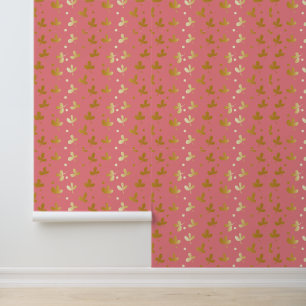 Papel Pintado dorado Floral Resumen sobre fondo rosa