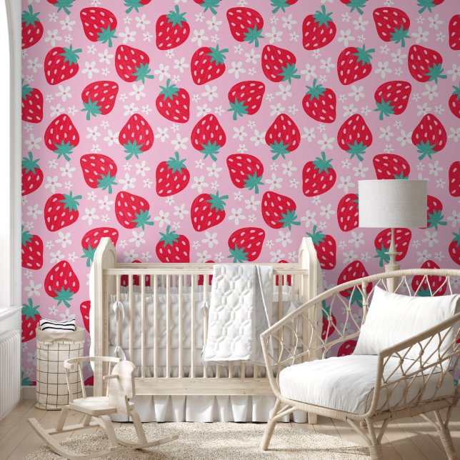 Papel Pintado Dormitorio infantil rojo con flores de fresa de ve (Niños)