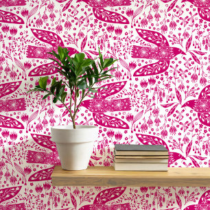 Papel Pintado Doves y flores Magenta Arte de pájaro rosa y blanc
