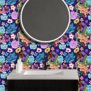 Papel Pintado Dragón Chino Verde Místico Floral Azul Marino