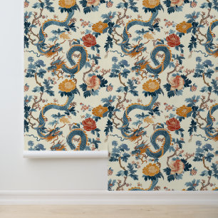Papel Pintado Dragón japonés azul floral elegante