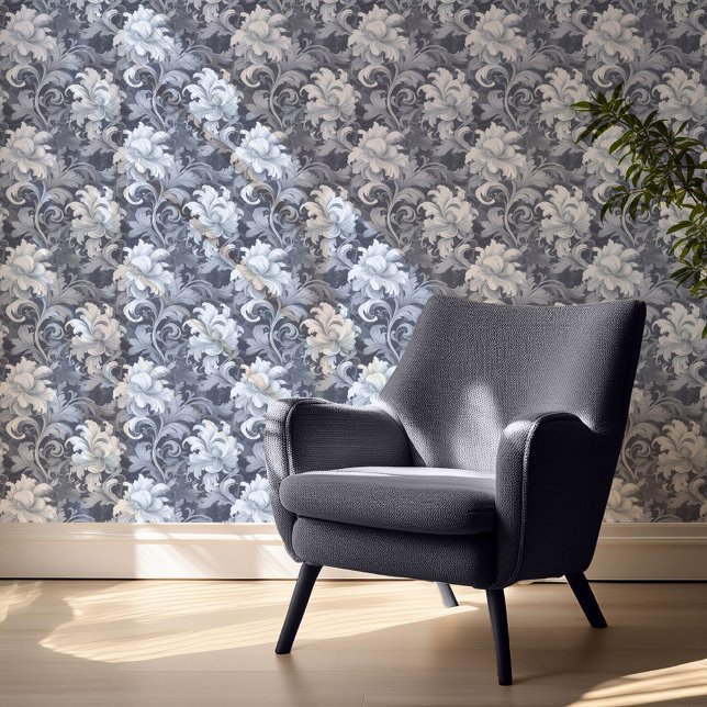 Papel Pintado Dramático Barroco Acero Floral Azul ID1050 (Subido por el creador)