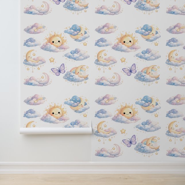 Papel Pintado Dreamy Moon & Sun Pastel Clouds Nursery Baby Room (Solicitud)