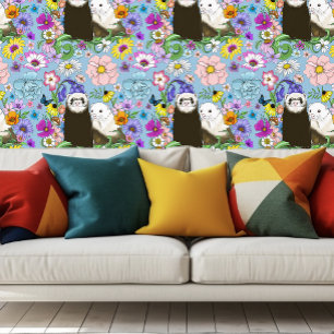 Papel Pintado Dulces Ferrets Azules Caprichosos con Flores Parej
