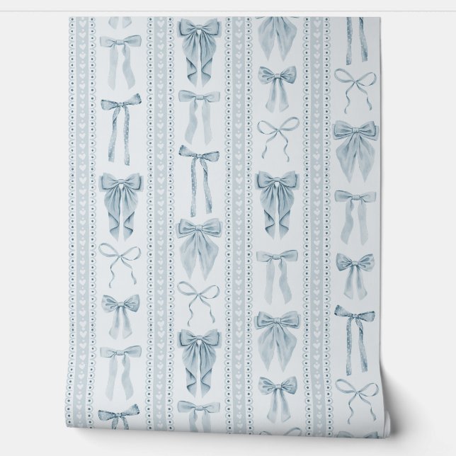 Papel Pintado Dusty Blue Bows and Lace with Vertical Stripes (Desenrollar)