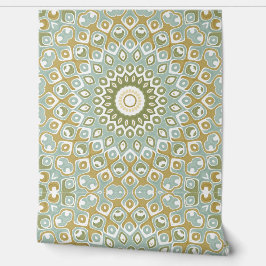 Papel Pintado Earthy Mandala in Green, Gold, and Soft Blue