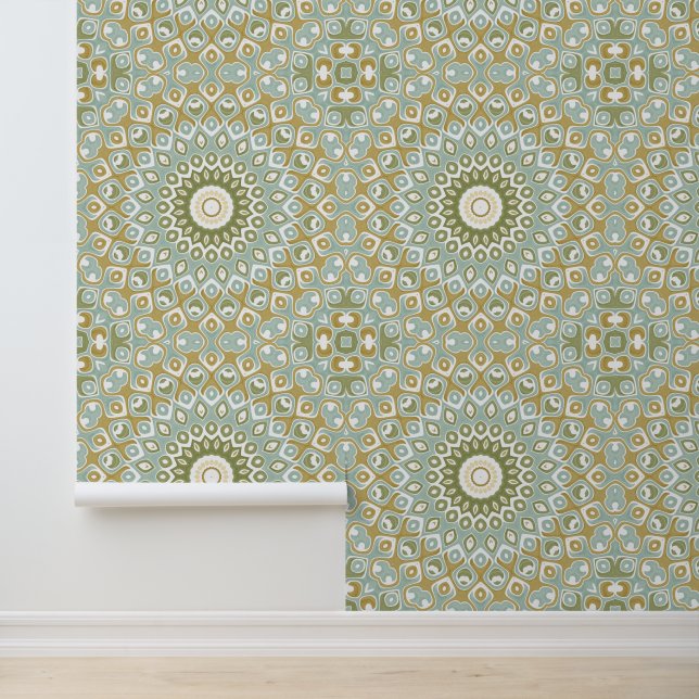 Papel Pintado Earthy Mandala in Green, Gold, and Soft Blue (Solicitud)
