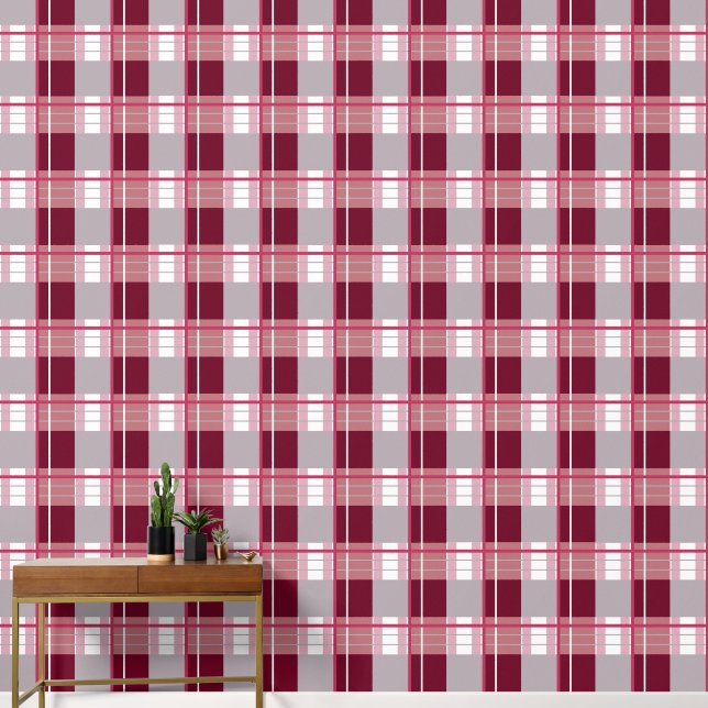 Papel Pintado Efecto de cuadros escoceses rojos cálidos grises y (Pasillo)