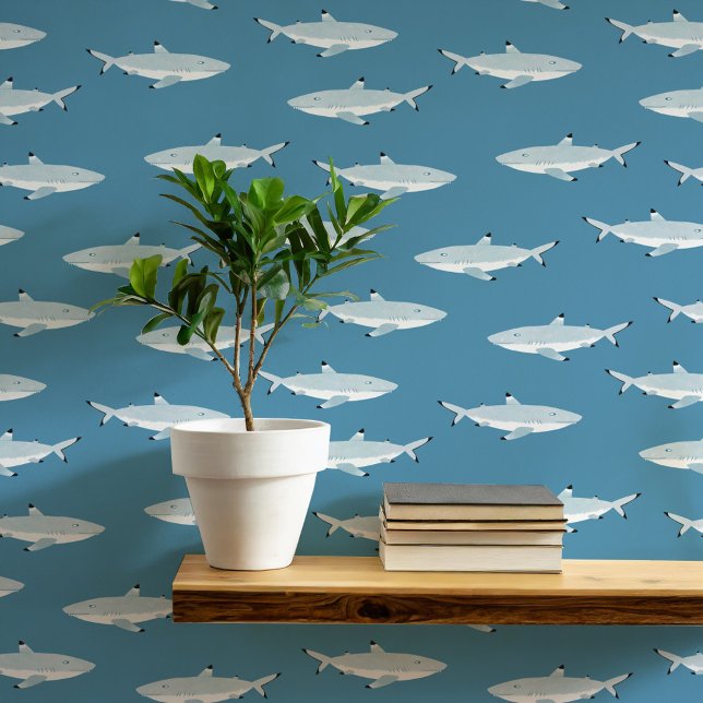 Papel Pintado El arte verde Verde azulado náutico del tiburón (Fun shark underwater themed teal green nautical wallpaper)