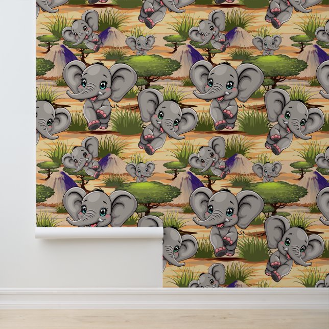 Papel Pintado El bebé elefante salta feliz en la sabana africana (Solicitud)
