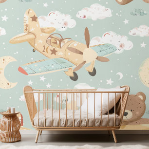 Papel Pintado El cielo del Oso de Teddy y el Avión Pastel