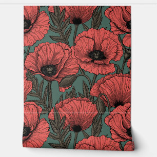 Papel Pintado El jardín de adormidera de coral, marrón y verde p