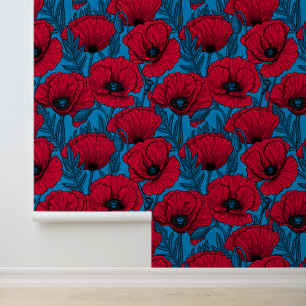 Papel Pintado El jardín de amapola roja en azul