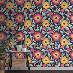 Papel Pintado El rojo y el oro audaces florecen en el fondo nava