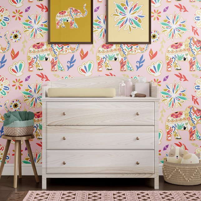 Papel Pintado Elefante Decorativo Ornate Colorous Boho Floral (Ornate Colorful Decorative Elephant Boho Floral Wallpaper)