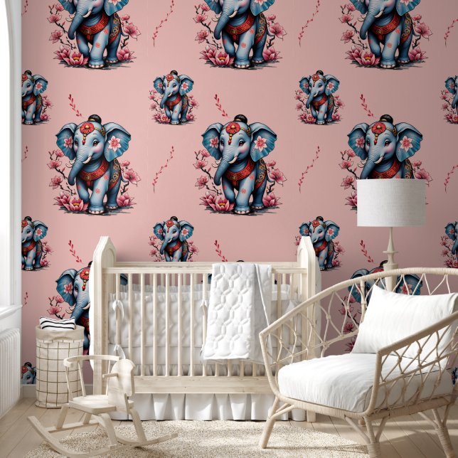 Papel Pintado Elefante majestuoso de estilo japonés tradicional. (Niños)
