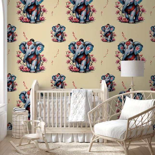 Papel Pintado Elefante majestuoso de estilo japonés tradicional. (Niños)