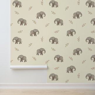 Papel Pintado Elefantes Acuarela Amarillo Patrón para Guardería