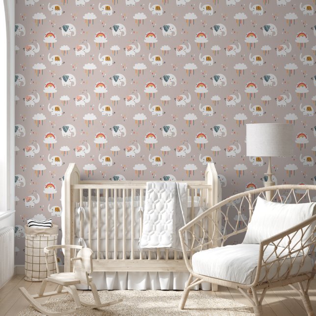Papel Pintado Elefantes, Arcoíris y Nubes Guardería (Niños)
