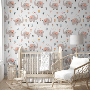 Papel Pintado Elefantes, Corazones y Flores Guardería