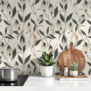 Papel Pintado Elegancia Botánica Moderna - Floral Negra y Beige