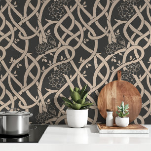 Papel Pintado Elegancia entrelazada: pájaro floral negro y beige