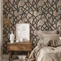 Elegancia entrelazada: pájaro floral negro y beige