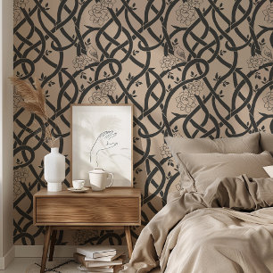 Papel Pintado Elegancia entrelazada: pájaro floral negro y beige