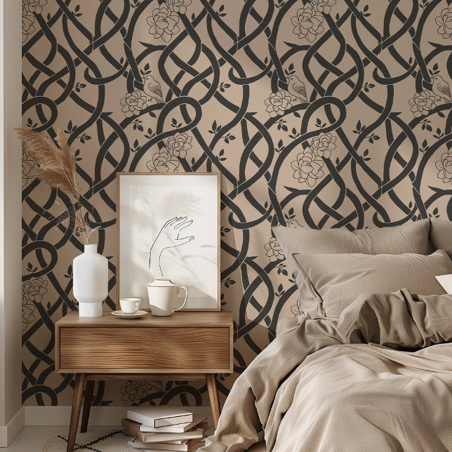 Papel Pintado Elegancia entrelazada: pájaro floral negro y beige (Subido por el creador)