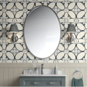 Papel Pintado Elegancia floral geométrica - gris, crema - modern