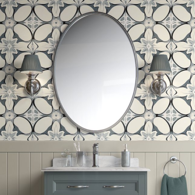 Papel Pintado Elegancia floral geométrica - gris, crema - modern (Chic Geometric Bloom Peel and Stick Wallpaper)