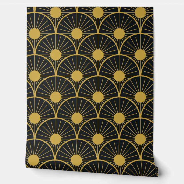 Papel Pintado Elegant Art Deco Gold Sun Pattern on Black  (Desenrollar)