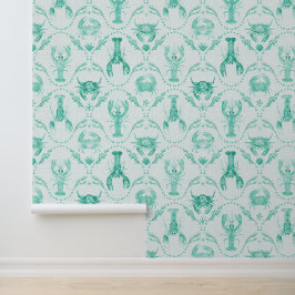 Papel Pintado Elegant Coastal Lobster and Crabs in Mint Green