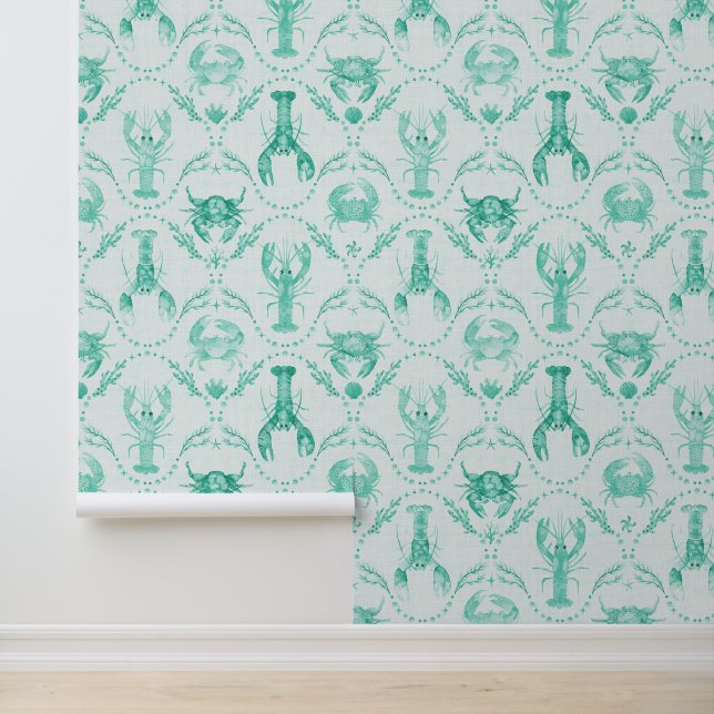 Papel Pintado Elegant Coastal Lobster and Crabs in Mint Green (Solicitud)