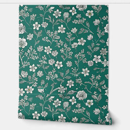 Papel Pintado Elegant White Floral on Teal Green Background