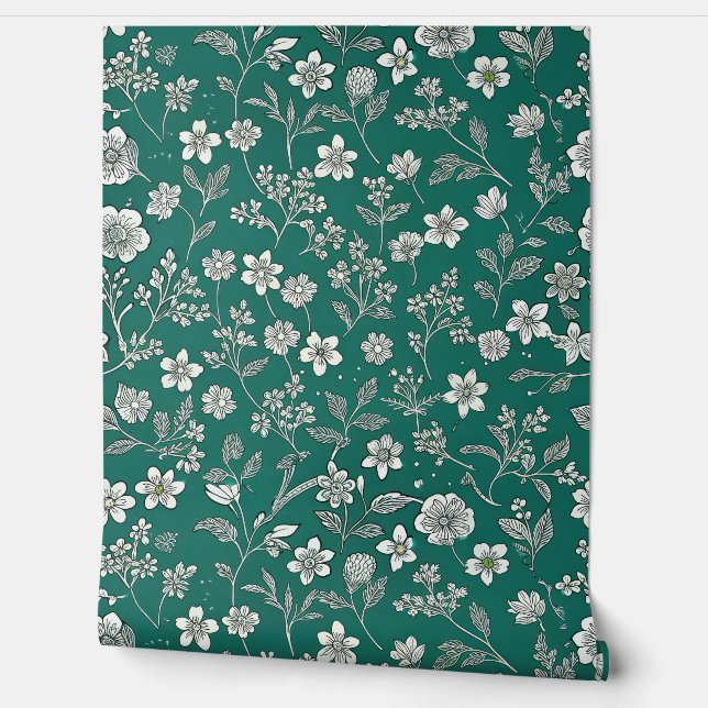 Papel Pintado Elegant White Floral on Teal Green Background (Desenrollar)