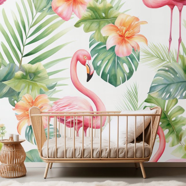 Papel Pintado Elegante acuarela Flamingo y tropical floral (Subido por el creador)