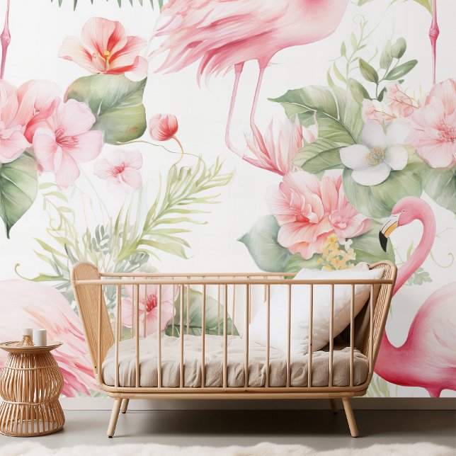 Papel Pintado Elegante acuarela Flamingo y tropical floral (Subido por el creador)
